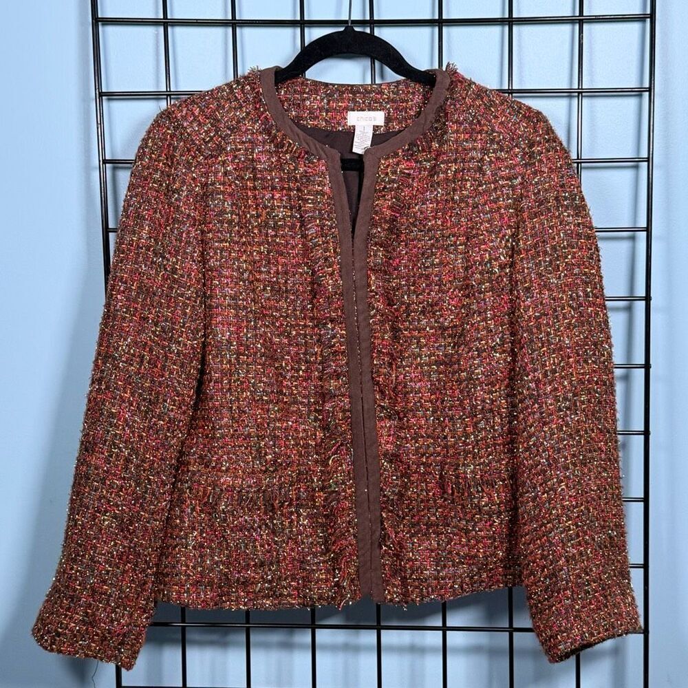 Chico’s Rainbow Shine Vikey Jacket Womens‎ 1 (8/10) Multi Tweed Cottagecore